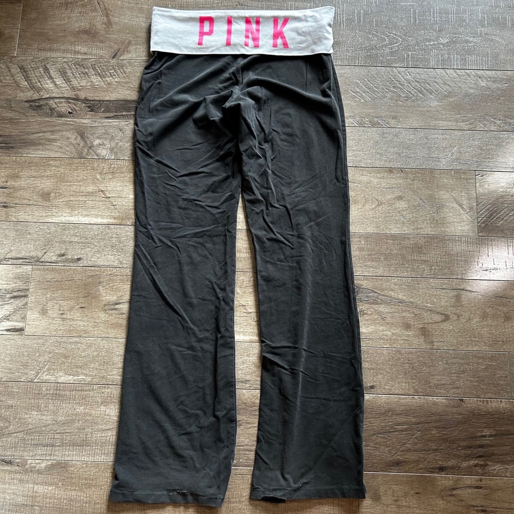Victoria's Secret PINK Yoga Pants Large Black Gray Foldover Waist Flare Leg Y2K